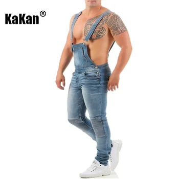 Kakan - Nuevos Europeos y Americanos de los Hombres de Liga Jeans, Azul, Negro Rasgado de Coincidencia de Color de Mono Largo Jeans K34-992