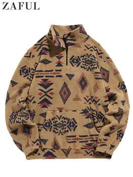 ZAFUL Sudadera con capucha para los Hombres Aproximada de Imitación de Sherpa Cremallera Sudaderas Print Étnico Esponjoso Streetwear Jersey de Otoño Invierno de Cuello alto con Capucha