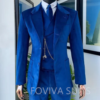Royal Blue Velvet Trajes para Hombres de 3 piezas de la Boda del Novio de Esmoquin con Muesca Solapa de la Moda Masculina de la Chaqueta con Chaleco Pantalones de 2022