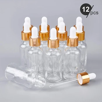 12Pcs 30 ml de Vidrio Transparente Gotero Botellas Con Pipetas de Vidrio Vacía Botella de Aceites Esenciales en Oro Con Tapa de Botella de Suero Básicos de la Botella
