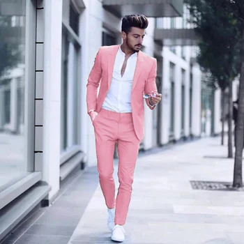 2021 Casual de Moda de Lujo de los Hombres de Negocios de Traje para la Fiesta de la Boda de Esmoquin Slim Fit Solapa de Pico de color Rosa Trajes Masculinos(Chaqueta+Pantalón)