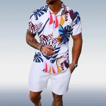 Camisa De Conjuntos De Playa De Verano Transpirable Fresca Blusa Pantalones Cortos De La Pieza 2 De Hawai Árbol De Coco Impreso De Moda Casual Traje De Los Hombres De La Ropa