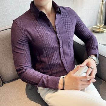 Morado/Negro/Blanco de Manga Larga Camisas de Vestir Para Hombres Ropa De 2023 Negocio de ropa Formal Slim Fit Casual de Lujo Esmoquin Blusas 4XL