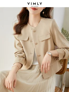 Vimly Elegante Imitación Bolsillos de la chaqueta Corta para las Mujeres 2023 de la Moda de Primavera Recta O-Cuello de Manga Larga de color caqui Mujeres Chaquetas Abrigos