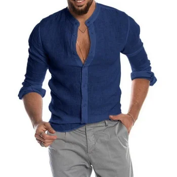 2023 Nueva Primavera de los Hombres de Moda Casual Camisa de Botón de Lino de Algodón Cómodo Diario Tops Camisa de Manga Larga