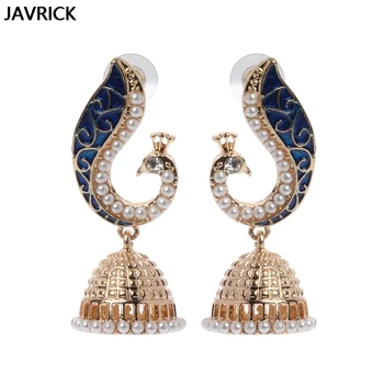 Retro De Bollywood En La India Kundan Pavo Real Jhumka Jhumki Pendientes De La Gota De Imitación De Perlas De Las Mujeres Gitanas De La Joyería