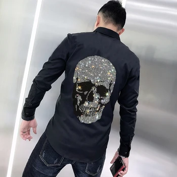 Venta caliente de la Moda de 2021 Camisa de los Hombres de Super Tendencia comercial de Gran Cráneo de diamantes de imitación No de Hierro de la Marca Manga Larga