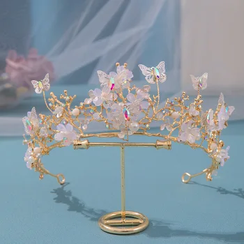 KMVEXO Barroco de la Mariposa de la Perla de Cristal AB de la Corona de la Tiara Diadema de diamantes de imitación de la Boda Accesorios para el Cabello de la Princesa de Novia Tocados