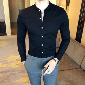 La Moda para hombre de Alta calidad de Algodón Puro Color Sólido de Stand-up Collar de Negocios Casual Camisa de manga Larga para Hombre Camisa Casual Slim