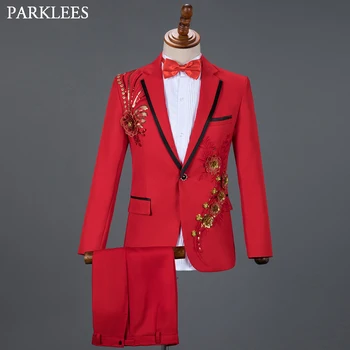 Red Diamond Floral para Hombres Trajes de Boda para Hombre Trajes de 3 piezas (Chaqueta+Pantalones+Corbata de Moño de Moda Esmoquin Hombres de Traje Conjunto de Traje de la Etapa Homme