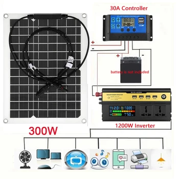 Sistema de Energía Solar de 12V a 220V 1200W Inversor Kit de 300W Panel Solar Cargador de Batería con 30A Controlador de la Casa de la Cuadrícula de Campamento panel de Teléfono