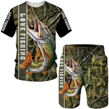 La novedad 3D Fish Impreso Hombres Mujeres Tees/pantalones Cortos/Trajes de Harajuku Camo Pesca Caza Camping Ropa de Moda al aire libre de ropa Deportiva Set