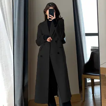 La moda de Invierno de Abrigo Para las Mujeres Elegantes coreano Casual Doble botonadura Abrigo de Lana Chaqueta Larga Negra Señora de la Oficina Suelto Outwear