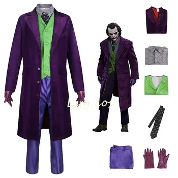La película Knight Disfraz de Joker Heath Ledger Cosplay Traje de Halloween Payaso Uniforme de Chaqueta morada Zanja Chaleco Pantalones conjuntos Completos