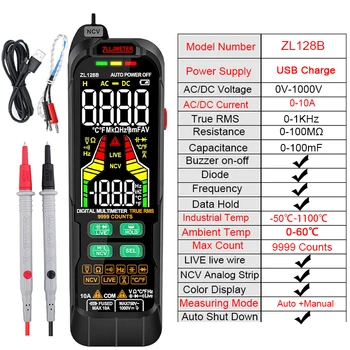 ZL128B de Carga USB Multímetro Digital 9999 Pantalla a Color LCD de CC Tensión CA Corriente de la Capacitancia de la Multimetro NCV Hz Cable Vivo Tester