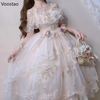 Victoriano Retro Lolita Jsk Vestido De Las Mujeres Japonesas Dulce De Encaje Bordado De Flores De Boda De La Princesa Vestidos De Las Niñas Lindos Vestidos De Fiesta