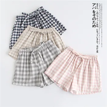 Par de pijamas de verano de la gasa de algodón pantalones cortos de estilo Japonés simple elástico en la cintura casual de gran tamaño de celosía de hombres y mujeres pantalones en casa