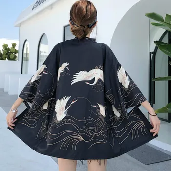 Suelta Harajuku Moda Japonesa Del Kimono 2020 Blanco Negro De La Grúa De Impresión De Las Mujeres Cardigan Blusa De Playa Haori Obi Asiático Ropa