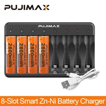 PUJIMAX Nuevo de 8 ranuras Ni-Zn Cargador de Batería Con Indicador LED+4Pcs AA 1.6 V 2800mWh Recargable de Ni-Zn de Baterías Para Linternas, Juguetes