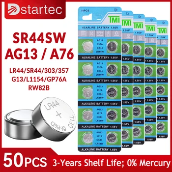 DStartec 50PCS AG13 LR44 A76 Botón de la Célula de la Moneda de la Batería Alcalina de 1.55 V SR44SW L1154 SP76 pila 357 303 para Relojes Juguetes Sin Mercurio