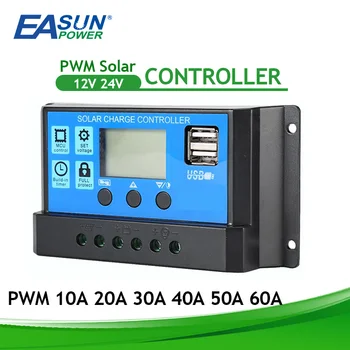 Controlador de Carga Solar de 12V 24V Automático 10A 20A 30A 40A 50A 60A PWM 5V de Salida del Regulador de PV Casa Cargador de Batería de la pantalla LCD Dual USB