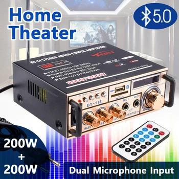 2*200W Amplificador de Potencia Digital Bluetooth HIFI Amplificador de Audio del Canal 2.0 220V/12V de la Pantalla LCD de la Tarjeta SD Radio FM Coche en Casa Amplificadores