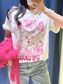 Conejo Gráfico T-shirt de las Mujeres 2023 Ropa de Verano al Estilo coreano de Manga Corta Camisetas de Moda Femenina Casual de la Camiseta Camisetas Tops