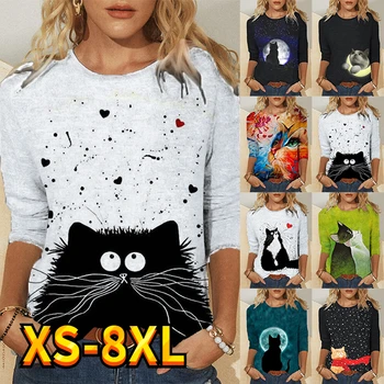 Mujeres Camiseta Camiseta Sudadera Sudadera Básica Esencial Casual de Vacaciones a Diario Gato de la Historieta Gráfica de Cuello Redondo de Manga Larga XS-8XL