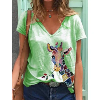Mujeres T-shirt la Jirafa de la Impresión en 3d V-cuello de las Mujeres Tops de Verano de las Señoras de los Animales de dibujos animados Lindo de la Moda Casual Suelto de manga Corta