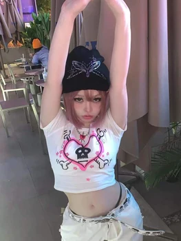 Grunge Superior de la Ropa de Hip Hop E-niña Tee Y2K Estética Retro Cráneo Impresión Gráfica Recorta la parte Superior Harajuku de la Vendimia de las Mujeres T-shirt Goth