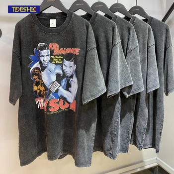 TIDESHEC 2022 Hombres T-shirt Vintage Tyson Impresión de Gráficos de T-shirt Lavado Oversize Agujero Suelto Casual Hombres Harajuku Camiseta Tee Superior