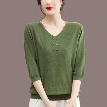 Gran Tamaño de las Mujeres de Todos-partido de tejidos de Punto T-shirt coreano de la Moda de Verano de las Nuevas Mujeres de la Ropa de la Mitad de la Manga V-Cuello Sólido Vintage Jersey Top