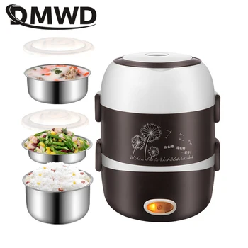 DMWD Eléctrico Mini olla de arroz 2/3 capas de recubrimiento de acero inoxidable portátil huevo de la caldera de vapor para calentar comida, la caja de almuerzo multicooker 2L