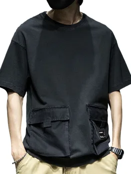 Algodón Techwear Camisetas de los Hombres de Corea del Patchwork Casual de Verano de la Nueva Llegada de la Personalidad de la Moda Sueltas O-cuello de Manga Corta Camisetas