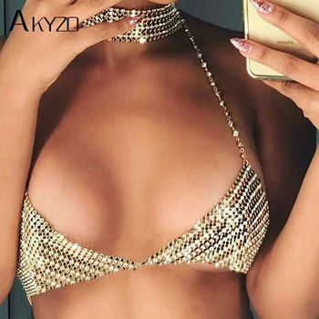 AKYZO 2023 Mujer Halter Artesanal de diamantes de Imitación Bling Tank Tops Brillantes Playa Corpiño Parte del Club de Metal de Oro Diamante Tachonado de Camis