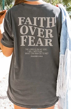 La fe Sobre el Temor Cristiana de gran tamaño T-Shirt El Señor está de mi lado Flojo Camiseta de las Mujeres de Moda Casual de algodón de Estética Superior