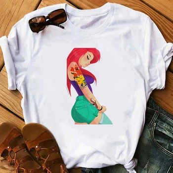 Disney Sirena de las Mujeres Camiseta de Tatuajes de la Princesa Ariel Impreso Divertida Camiseta de Ulzzang la Calle Virgen de la Camisa de Mujer Ropa de la Camiseta de la
