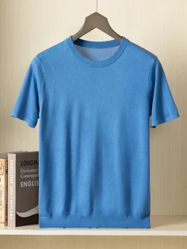 De verano Nuevo de Alta Calidad de los Hombres de la T-camisas de Seda de Morera de Punto de Camiseta de Manga Corta Tops Sólido Cuello Redondo Jersey de Cashmere Tees
