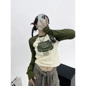 Y2K Vintage coreano de Moda de Camisetas de Mujer Top de Patchwork Hippie O Cuello de la Ropa de Manga Larga Camisetas de Kpop Retro Tops 2023 Nuevo