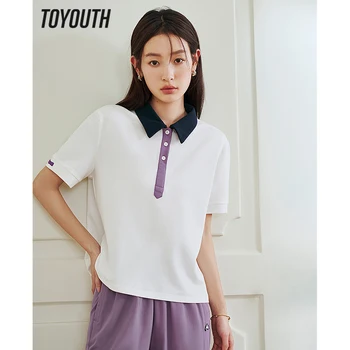 Toyouth las Mujeres T-shirt 2023 de Verano de Manga Corta Cuello Polo con Botones Sueltos Tees Contraste Casual Chic Básica de Todos Coinciden Tops