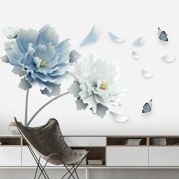 Gran Blanco Azul de la Flor de Loto de la Mariposa Extraíble Pegatinas de Pared 3D Arte de la Pared Pegatinas de Decoración para el Hogar Arte Mural para la Sala de estar Dormitorio