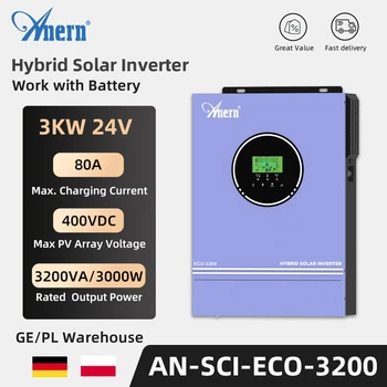 Anern Híbrido Solar del Inversor de 3KW 3200VA 24V de Onda Sinusoidal Pura 2KVA Fuera de la red del Inversor de 12V Max PV 400V Construir-en la 80A Cargador MPPT