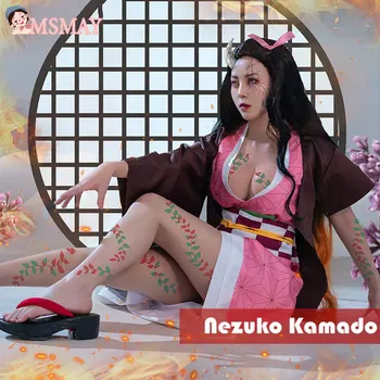 MsMay Nezuko Kamado Traje De Cosplay De Anime Demon Slayer Traje De Cosplay Mujeres Sexy Uniforme De Halloween Vestido De Conjunto Completo Con Cuerno