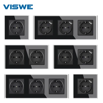 VISWE Estándar de la UE Usb enchufe de la pared de Cristal Negro Panel de 16A 250V Europa casa Tipo C las tomas de corriente e interruptores
