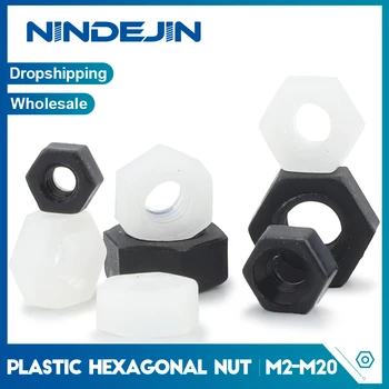 NINDEJIN 2-100 piezas de Plástico de Nylon de Tuercas Hexagonales M3 M4 M5 M6 M8 M10 M12 M14 M16 Blanco Negro Tuerca de Nylon de Aislamiento Contratuerca Hexagonal