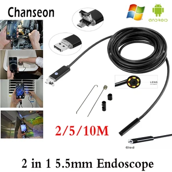 5.5 mm de la Lente 2 en 1 USB Android Endoscopio Cámara 2m 5M 10 M de la Serpiente Tubo de Inspección de Tuberías para visión Submarina de Reparación de Automóviles Endoscopio