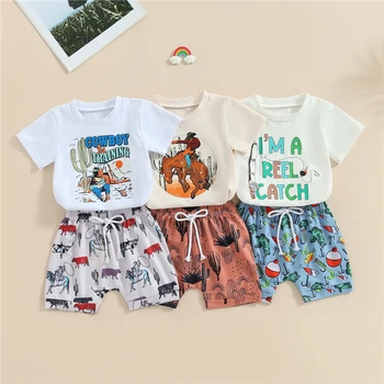 Niño Bebé Bebé de Verano Niños de 2 piezas de Ropa Occidental de Impresión de Manga Corta T-Shirt y Elástica pantalones Cortos Trajes de Conjunto